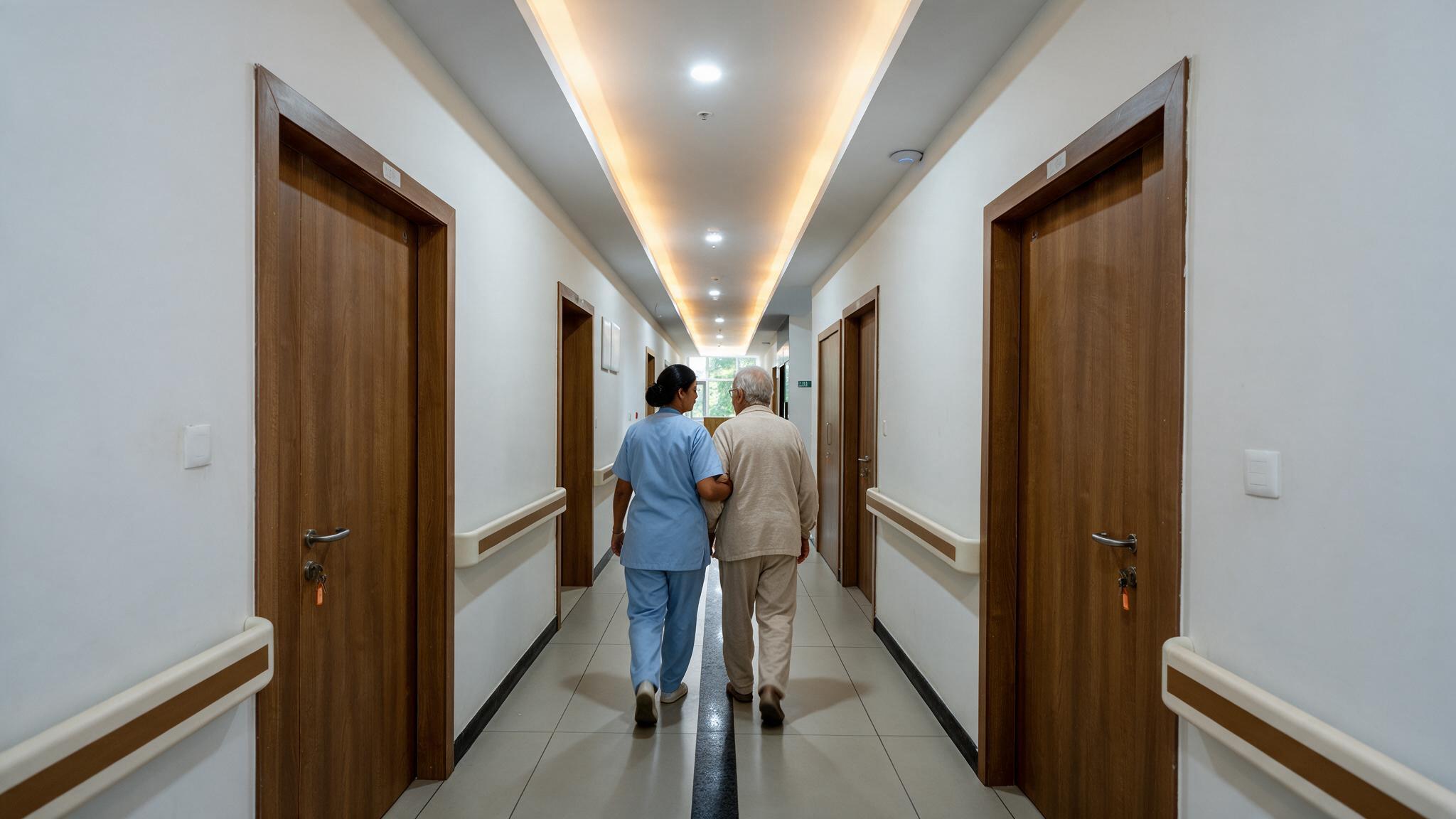 Nurse walking arm-in-arm with an elderly resident along a bright care corridor with safety handrails and patient room doors