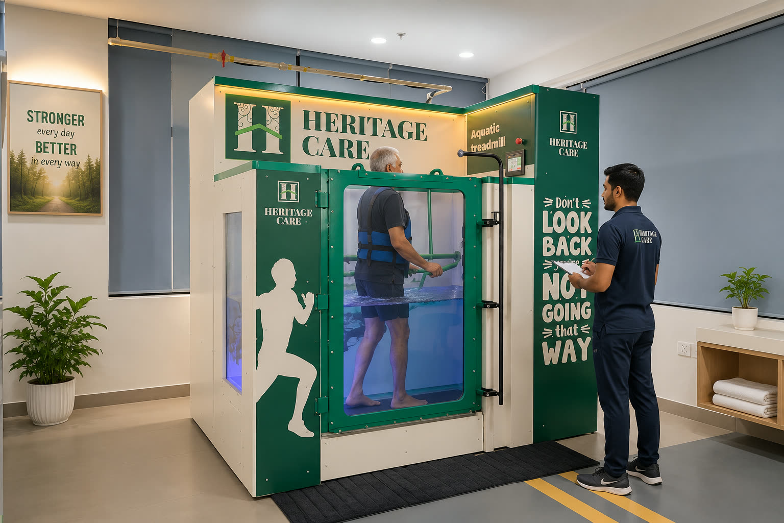 Aquatic treadmill therapy session in progress at Heritage Care